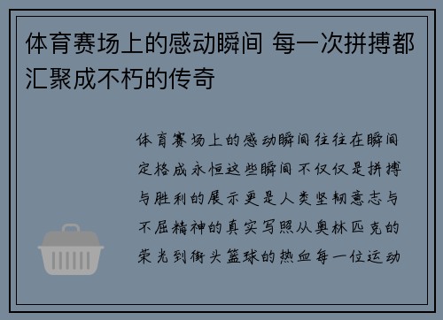 体育赛场上的感动瞬间 每一次拼搏都汇聚成不朽的传奇