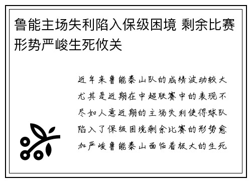 鲁能主场失利陷入保级困境 剩余比赛形势严峻生死攸关