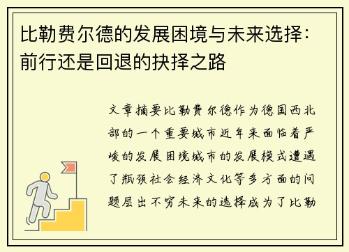 比勒费尔德的发展困境与未来选择：前行还是回退的抉择之路