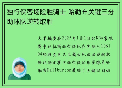 独行侠客场险胜骑士 哈勒布关键三分助球队逆转取胜