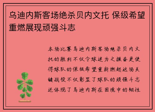 乌迪内斯客场绝杀贝内文托 保级希望重燃展现顽强斗志