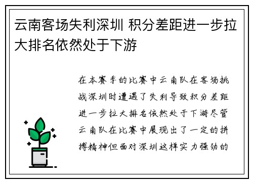 云南客场失利深圳 积分差距进一步拉大排名依然处于下游