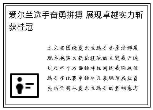 爱尔兰选手奋勇拼搏 展现卓越实力斩获桂冠