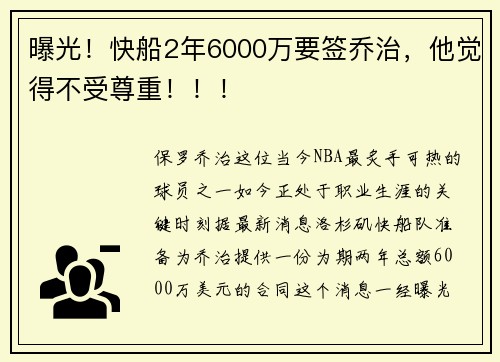 曝光！快船2年6000万要签乔治，他觉得不受尊重！！！
