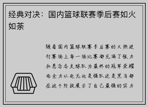 经典对决：国内篮球联赛季后赛如火如荼