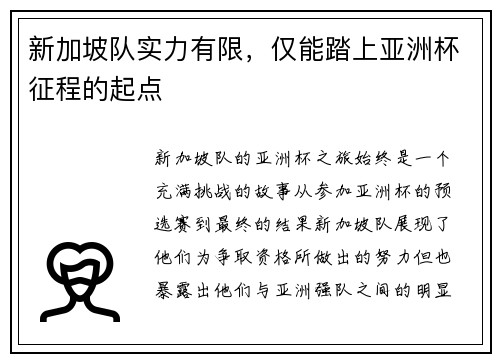 新加坡队实力有限，仅能踏上亚洲杯征程的起点