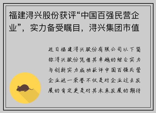 福建浔兴股份获评“中国百强民营企业”，实力备受瞩目，浔兴集团市值