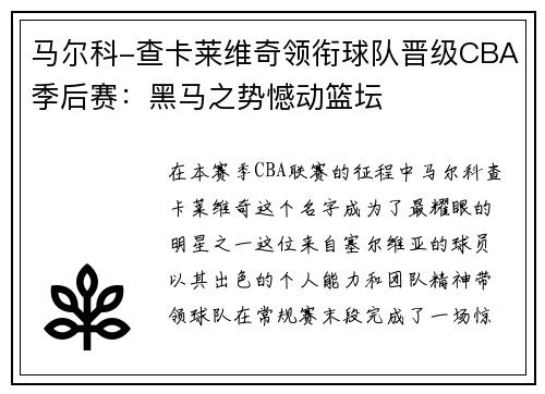 马尔科-查卡莱维奇领衔球队晋级CBA季后赛：黑马之势憾动篮坛