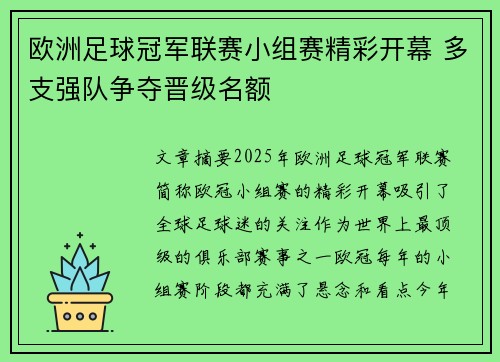 欧洲足球冠军联赛小组赛精彩开幕 多支强队争夺晋级名额