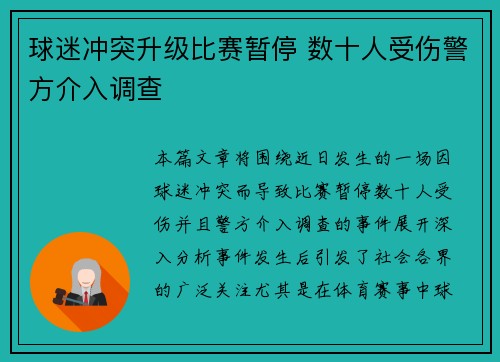 球迷冲突升级比赛暂停 数十人受伤警方介入调查