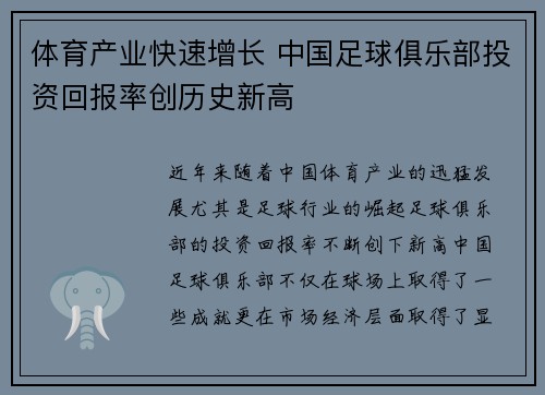 体育产业快速增长 中国足球俱乐部投资回报率创历史新高