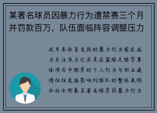 某著名球员因暴力行为遭禁赛三个月并罚款百万，队伍面临阵容调整压力