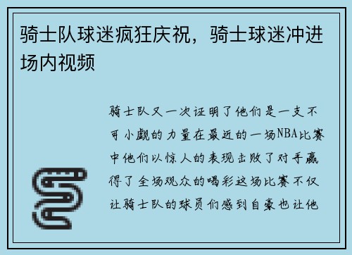 骑士队球迷疯狂庆祝，骑士球迷冲进场内视频